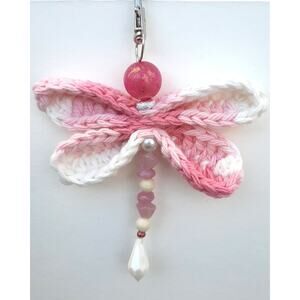 Handmade Dragonfly Beaded Bag Charm Crochet Wings Upcycled Pink White Keychain